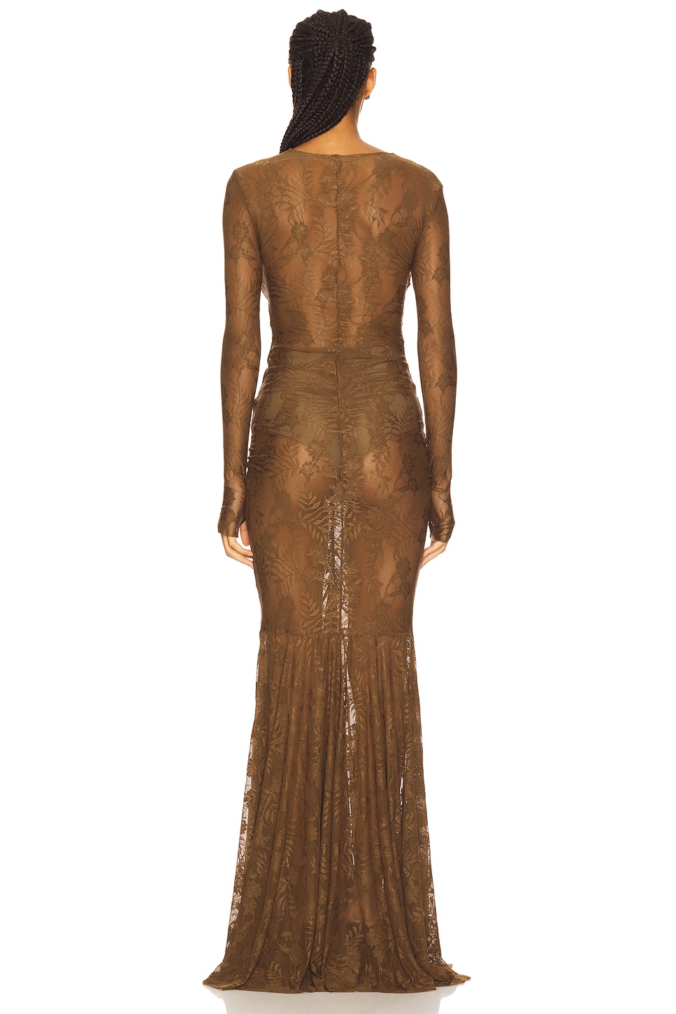 Long Sleeve V Neck Shirred Front Fishtail Gown