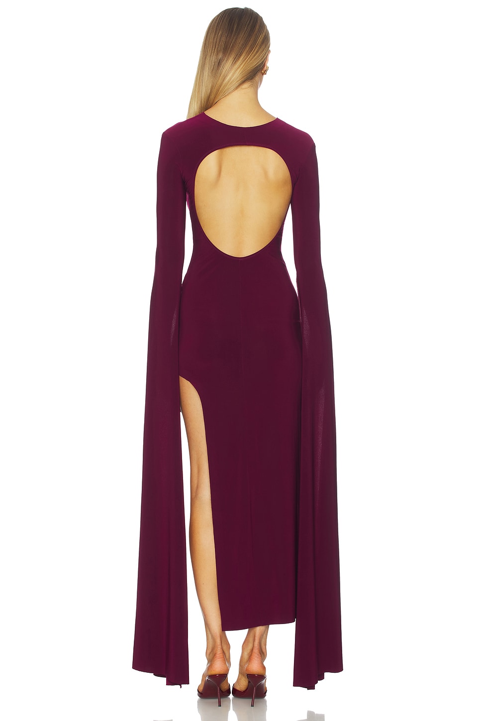 Open Back Ribbon Sleeve Wide Slit Gown