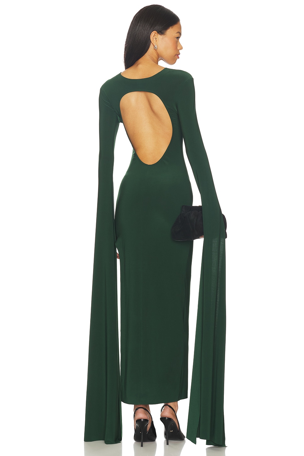 Norma Kamali Open Back Ribbon Sleeve Wide Slit Gown in Dark Emerald |  REVOLVE