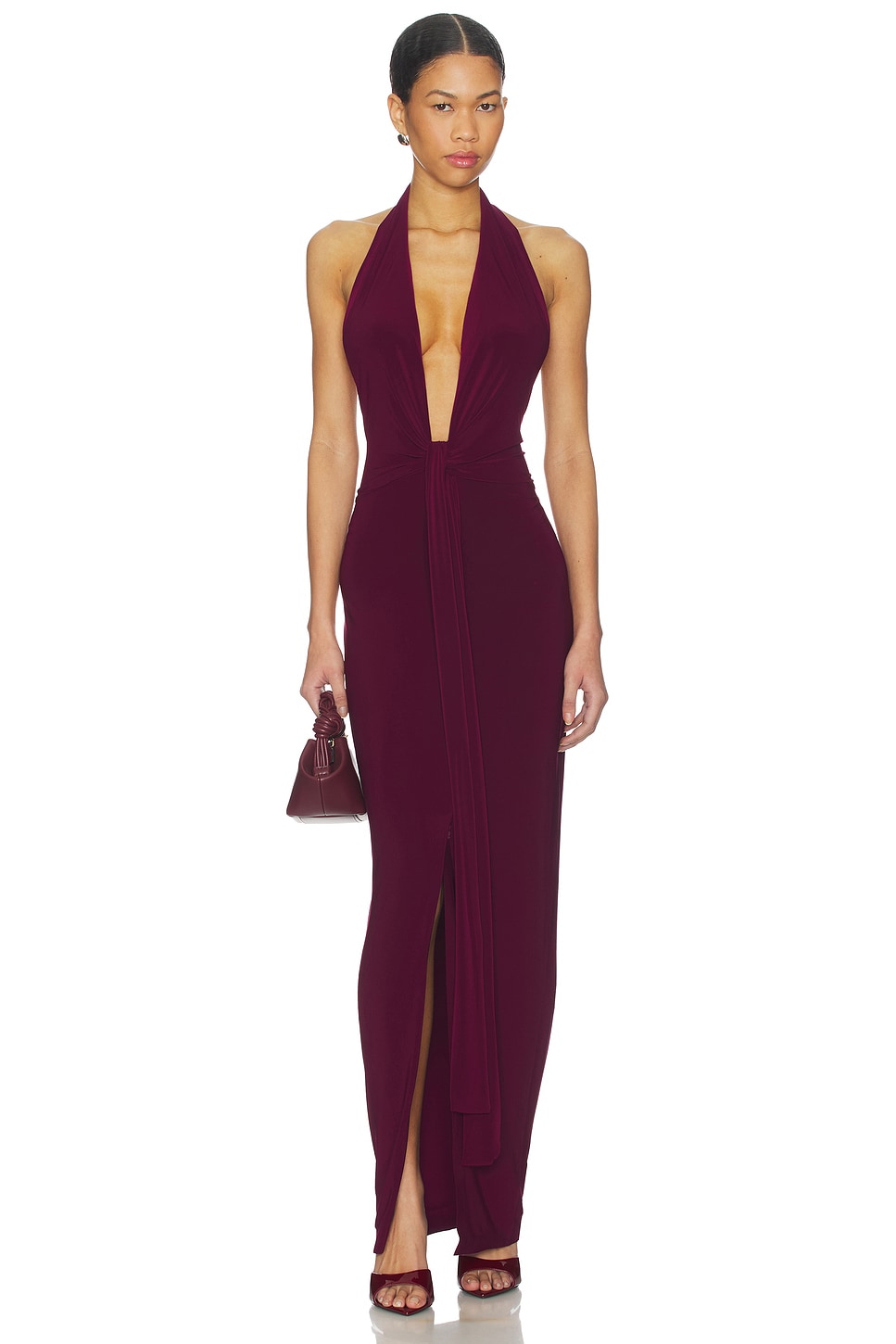 Norma Kamali x REVOLVE Tie Front Halter Gown in Plum | REVOLVE
