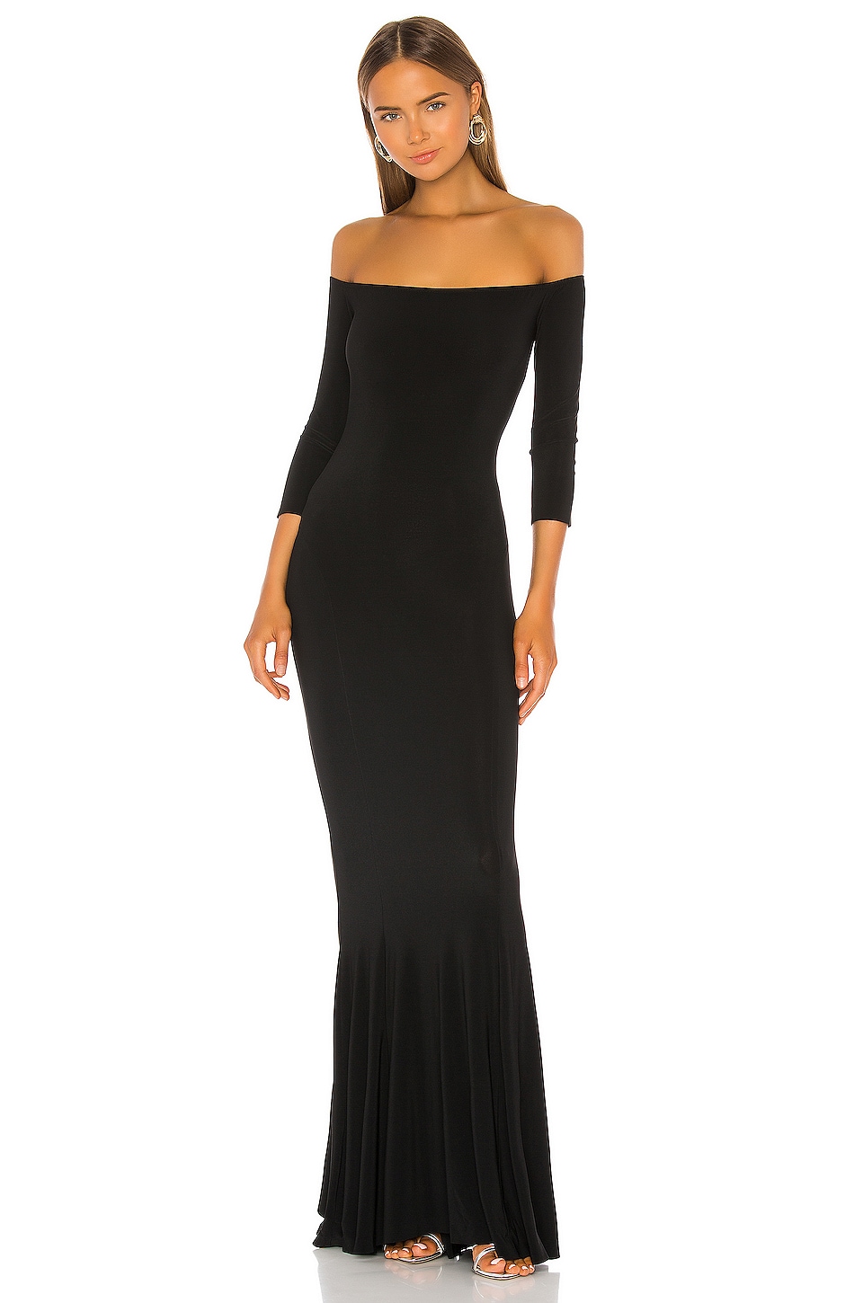 black off the shoulder fishtail dress