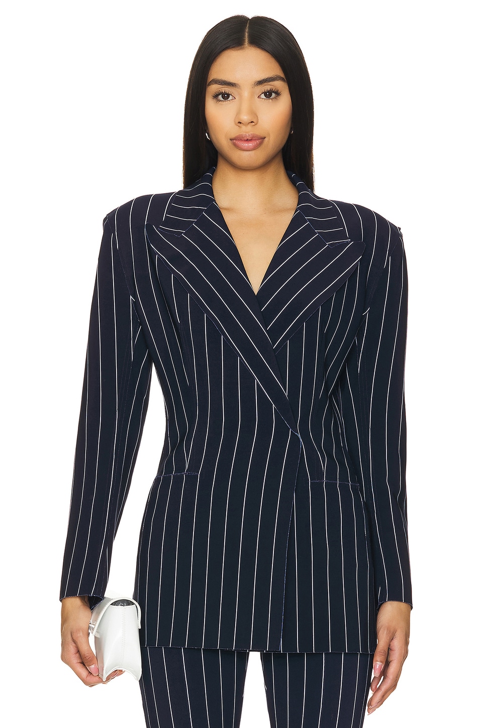 Norma Kamali Classic Double Breasted Jacket in True Navy Pinstripe