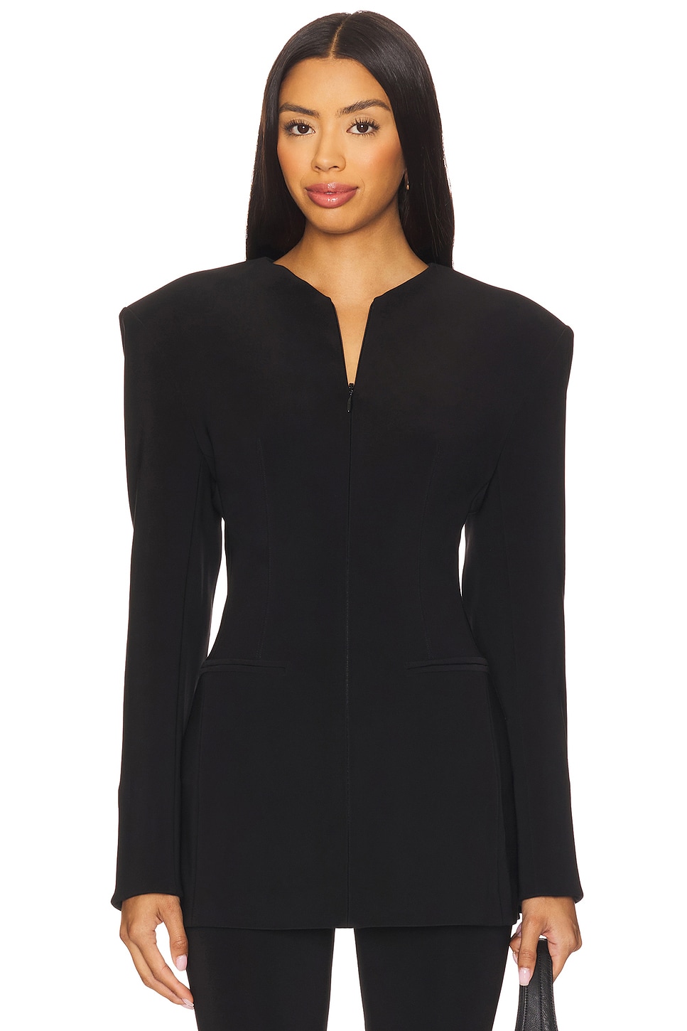 Long Sleeve Shoulder Pad V Neck Zip Front Jacket