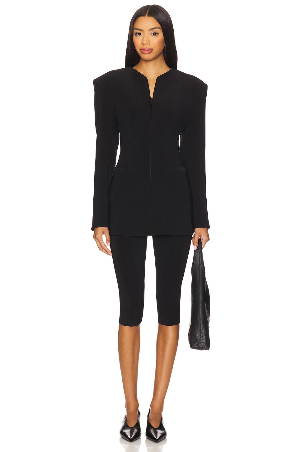 Norma Kamali Long Sleeve Shoulder Pad V Neck Zip Front Jacket in