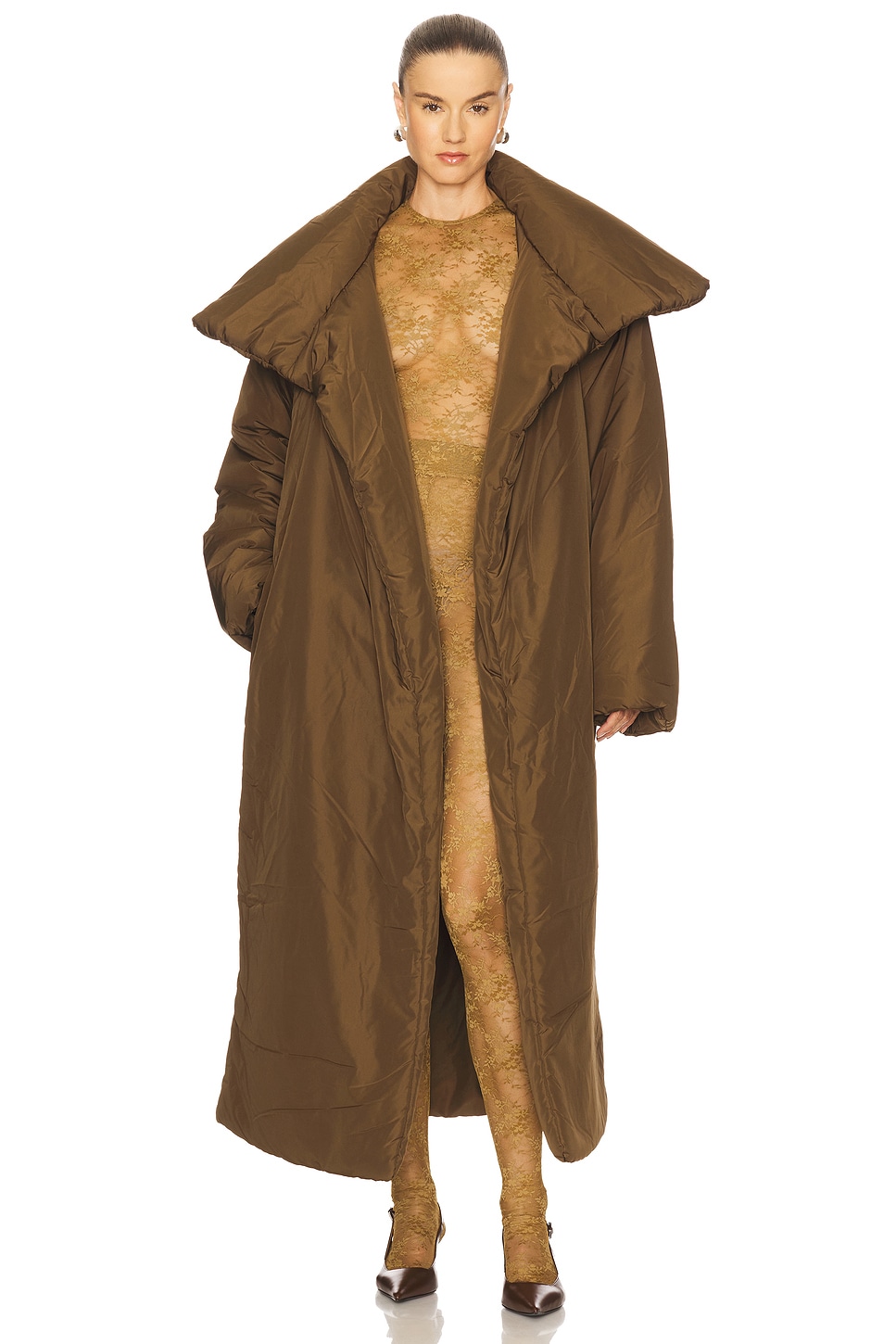 Norma Kamali High Collar Sleeping Bag Coat Long in Bark | REVOLVE