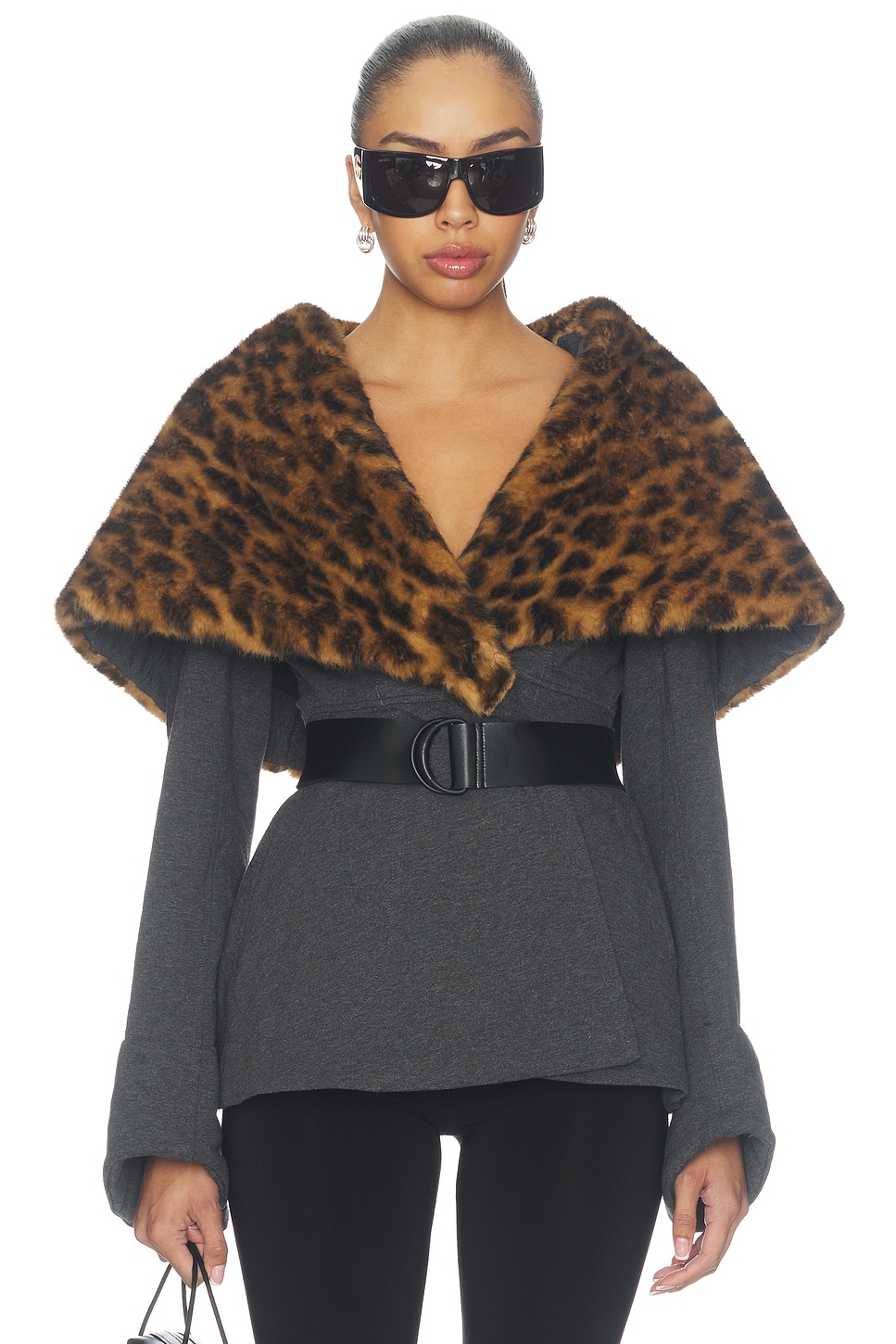 Norma Kamali Shawl Collar Peplum Jacket in Dark Heather Grey & Spotted Animal