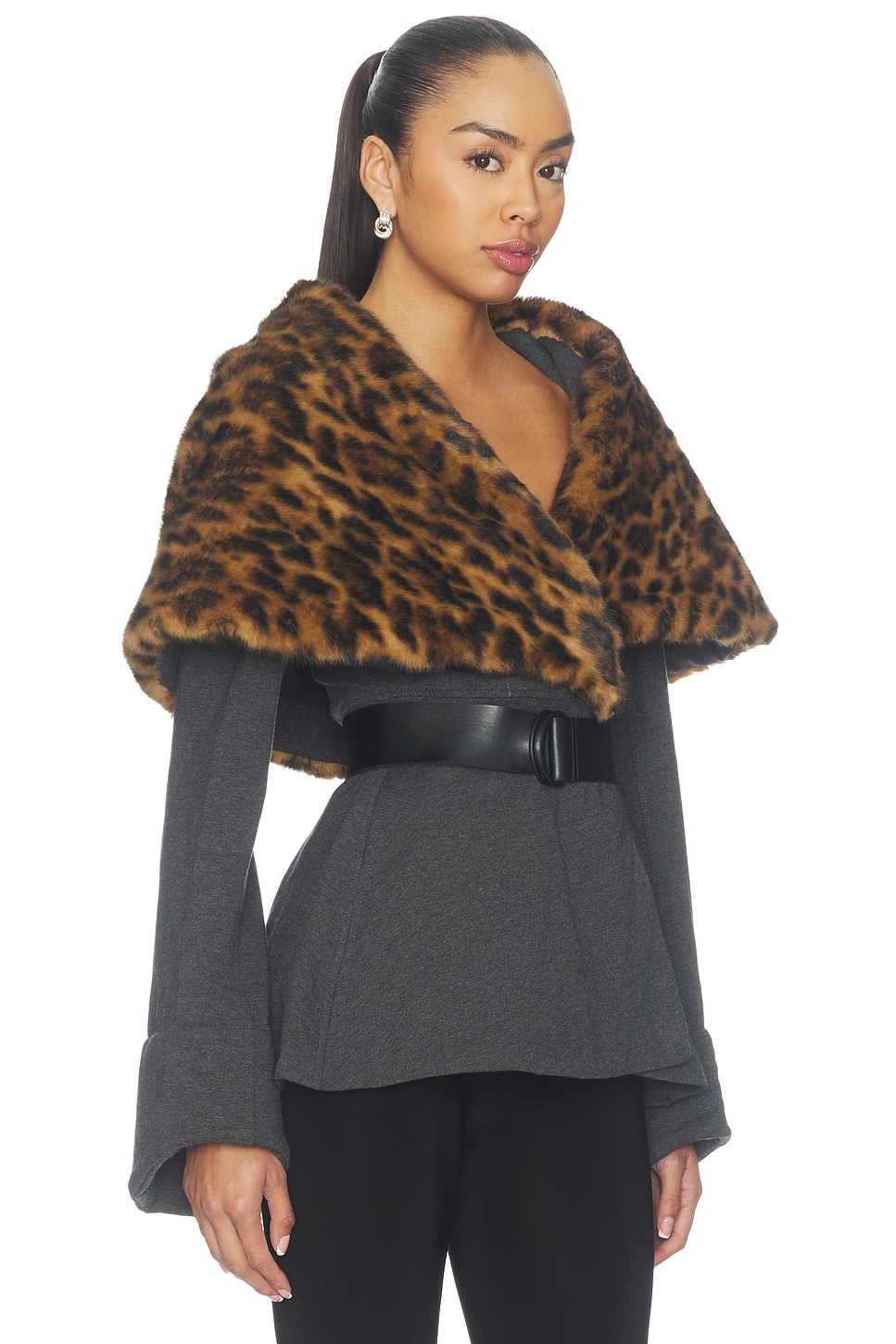 Norma Kamali Shawl Collar Peplum Jacket in Dark Heather Grey & Spotted Animal