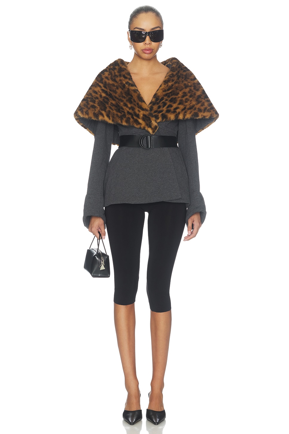 Norma Kamali Shawl Collar Peplum Jacket in Dark Heather Grey & Spotted Animal