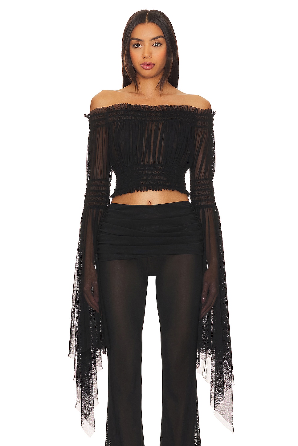 Norma Kamali Handkerchief Sleeve Peasant Cropped Top in Black | REVOLVE