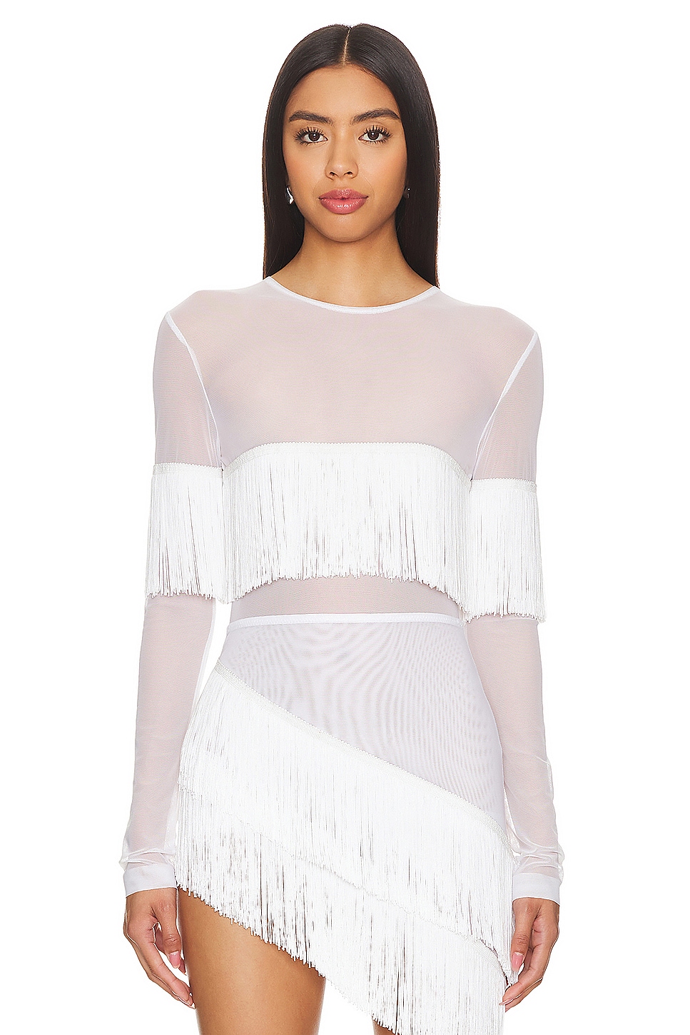 Norma Kamali Long Sleeve Crewneck Fringe Top in Snow White | REVOLVE