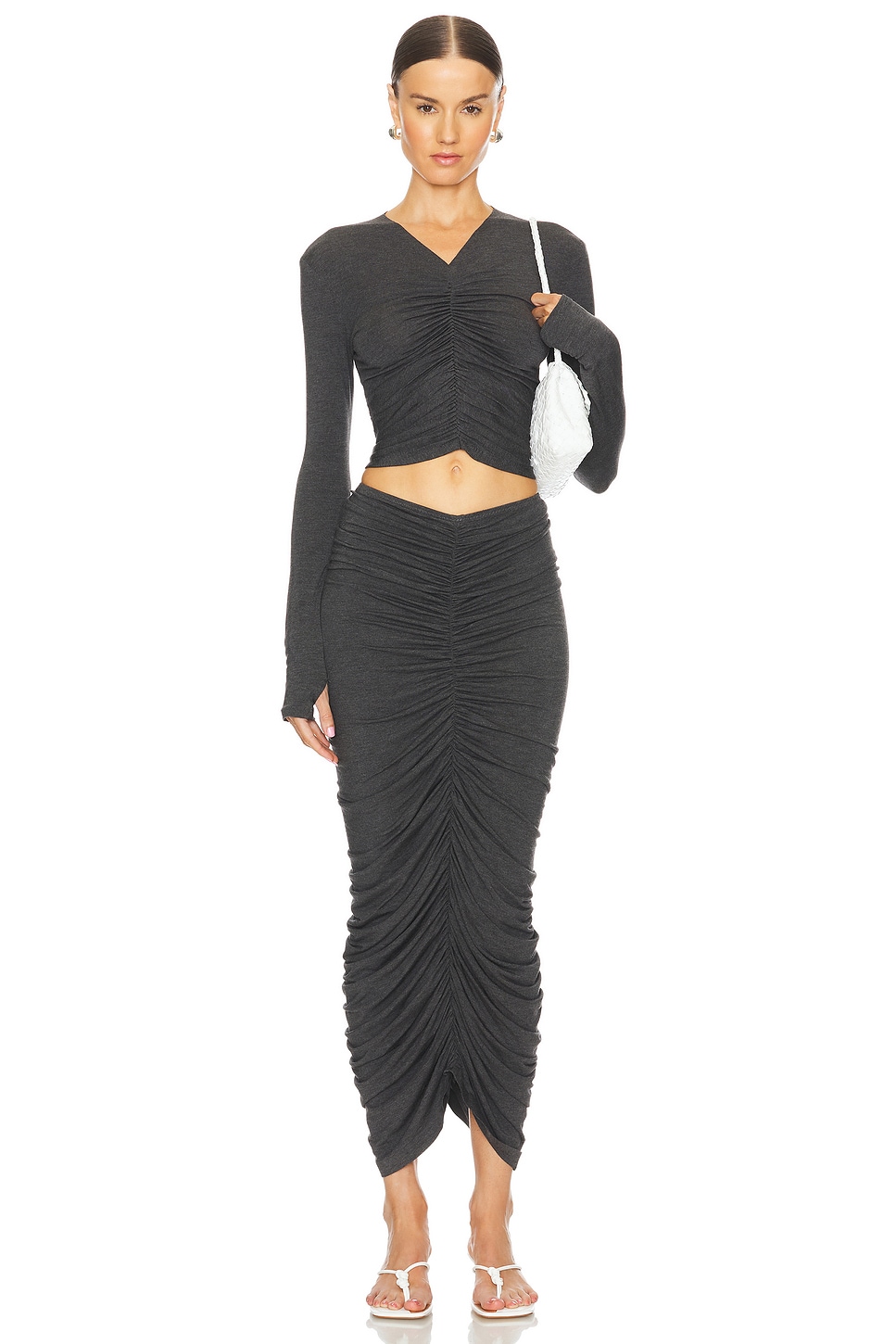 Long Sleeve V Neck Shirred Front Top