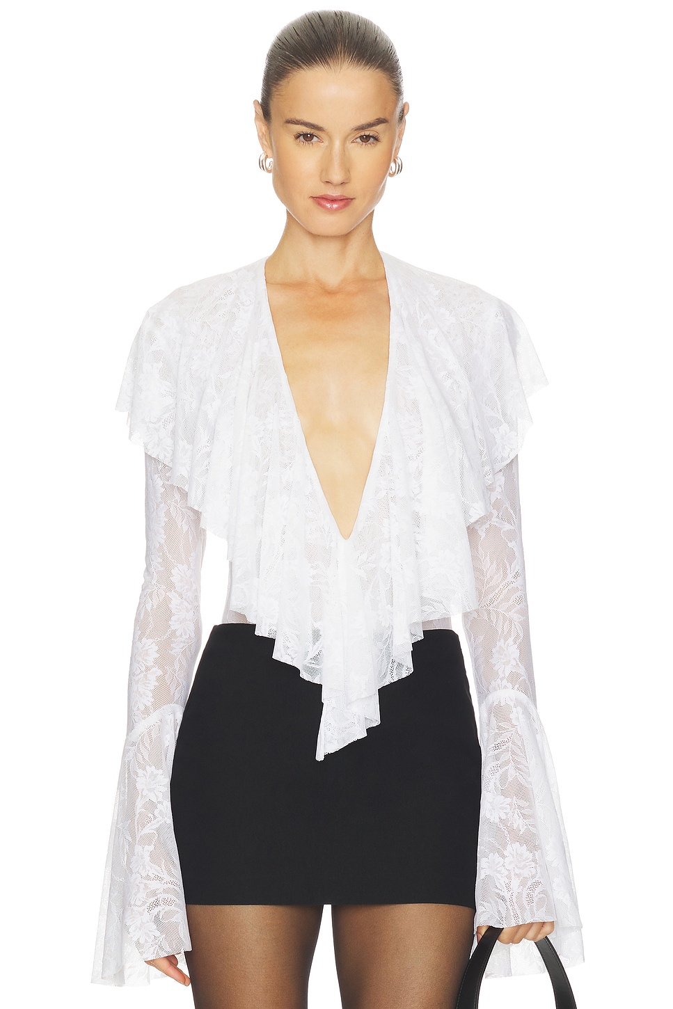 Norma Kamali Long Sleeve Deep V Ruffle Bodysuit in Snow White | REVOLVE Norma Kamali Long Sleeve Deep V Ruffle Bodysuit in Snow White | REVOLVE