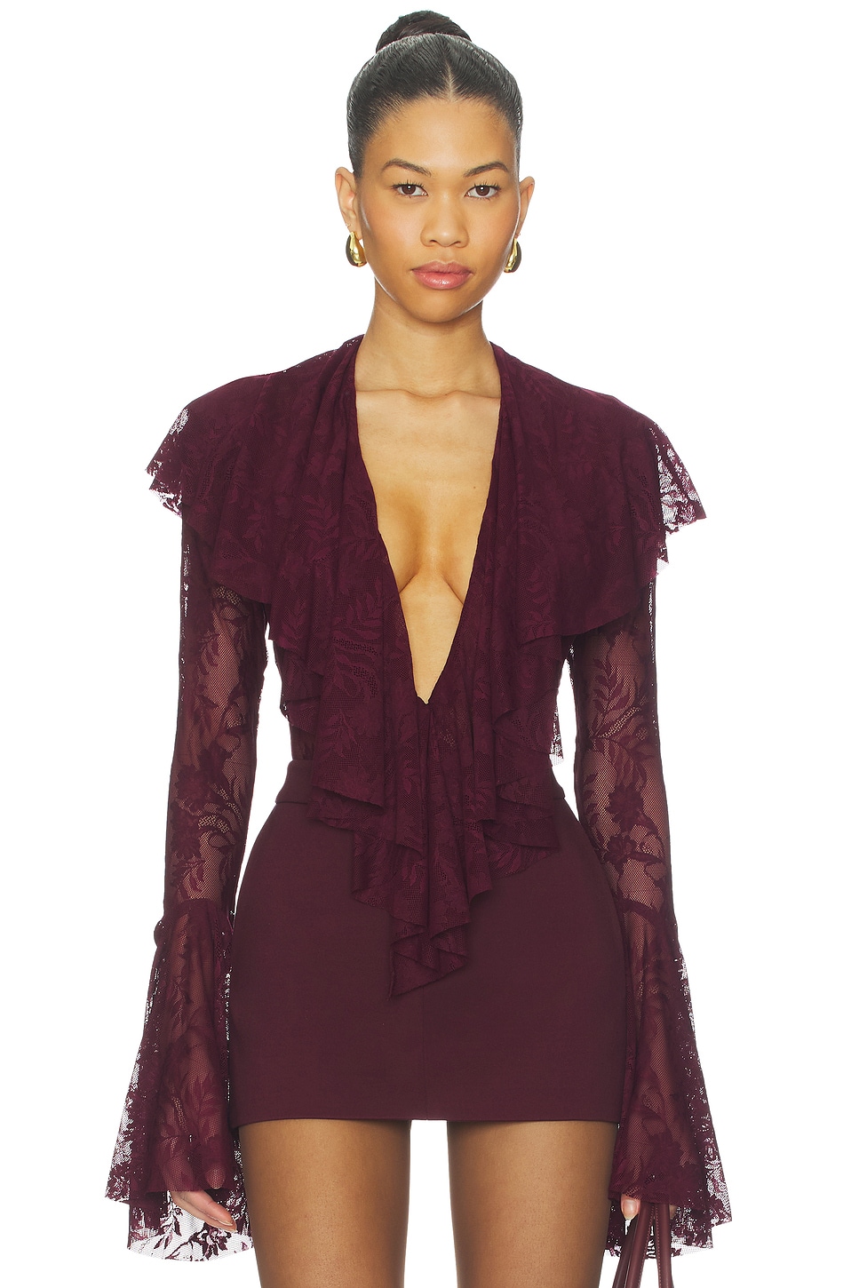 Norma Kamali Long Sleeve Deep V Ruffle Bodysuit in Plum | REVOLVE