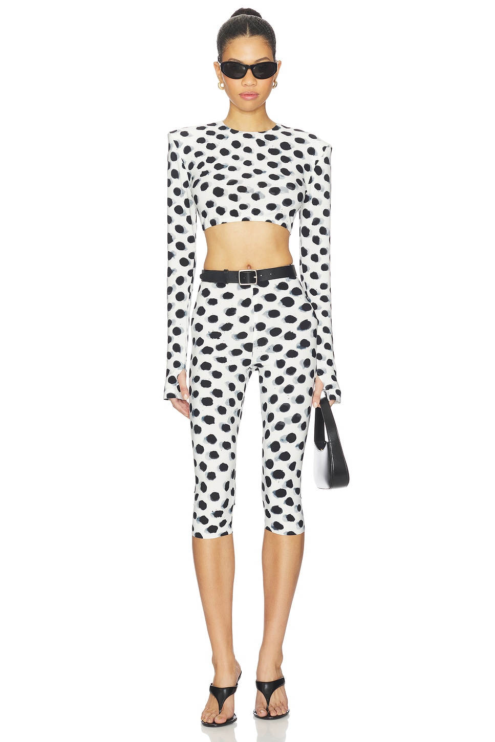 Norma Kamali Cropped Long Sleeve Shoulder Pad Top in Paint Dot