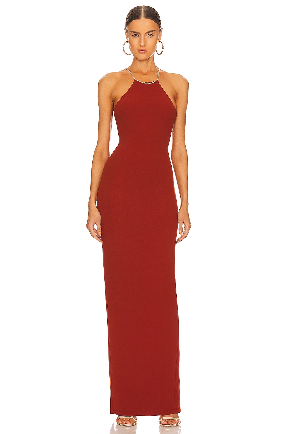 chain bridesmaid dress stores Mac Duggal - Beige Chain Trim Keyhole Halter Neck A Line Gown main image 0
