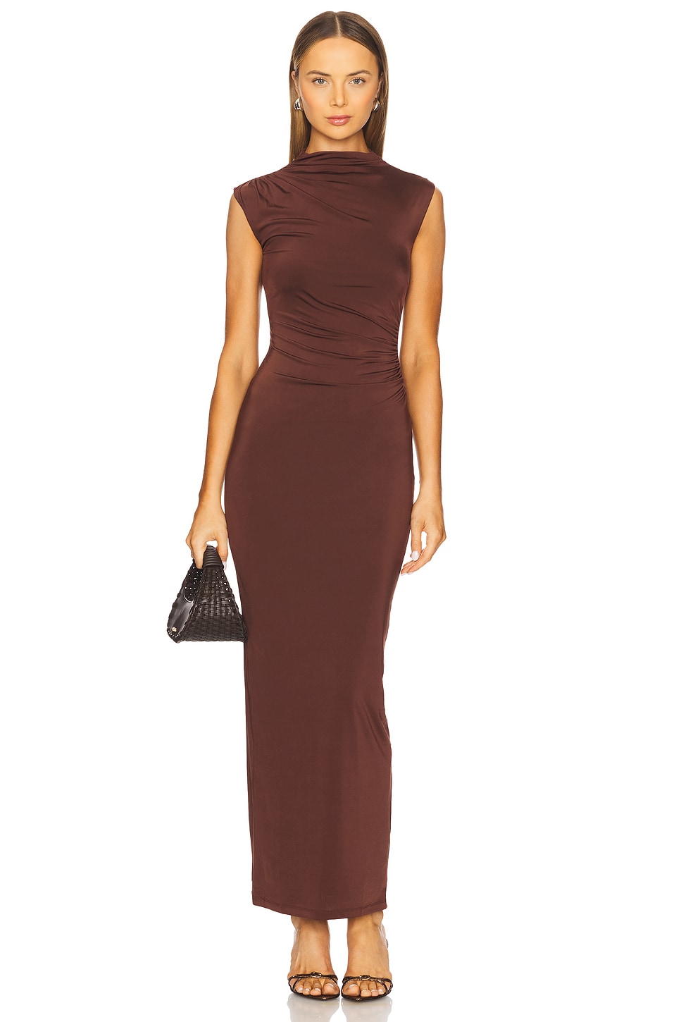 knee length dresses for ladies Elegant Allure High-Neck Midi Dress Brown / M main image 0