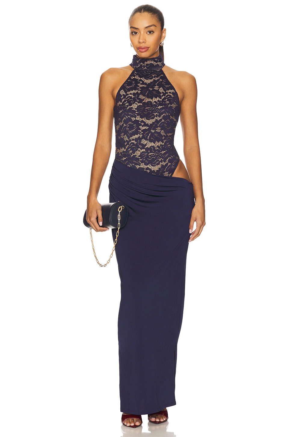 knee length dresses for ladies Albane Lace Backless Bodysuit Long Dress Two Piece Set – Night Novas main image 1