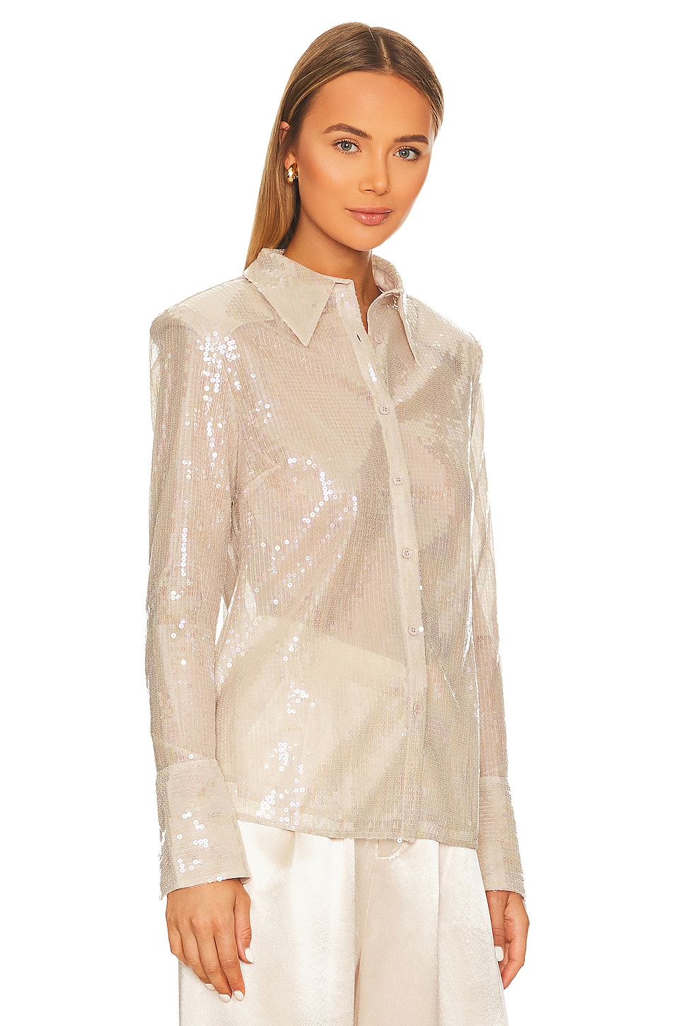 NONchalant Label Tiffany Sequin Button Down Blouse in Blush