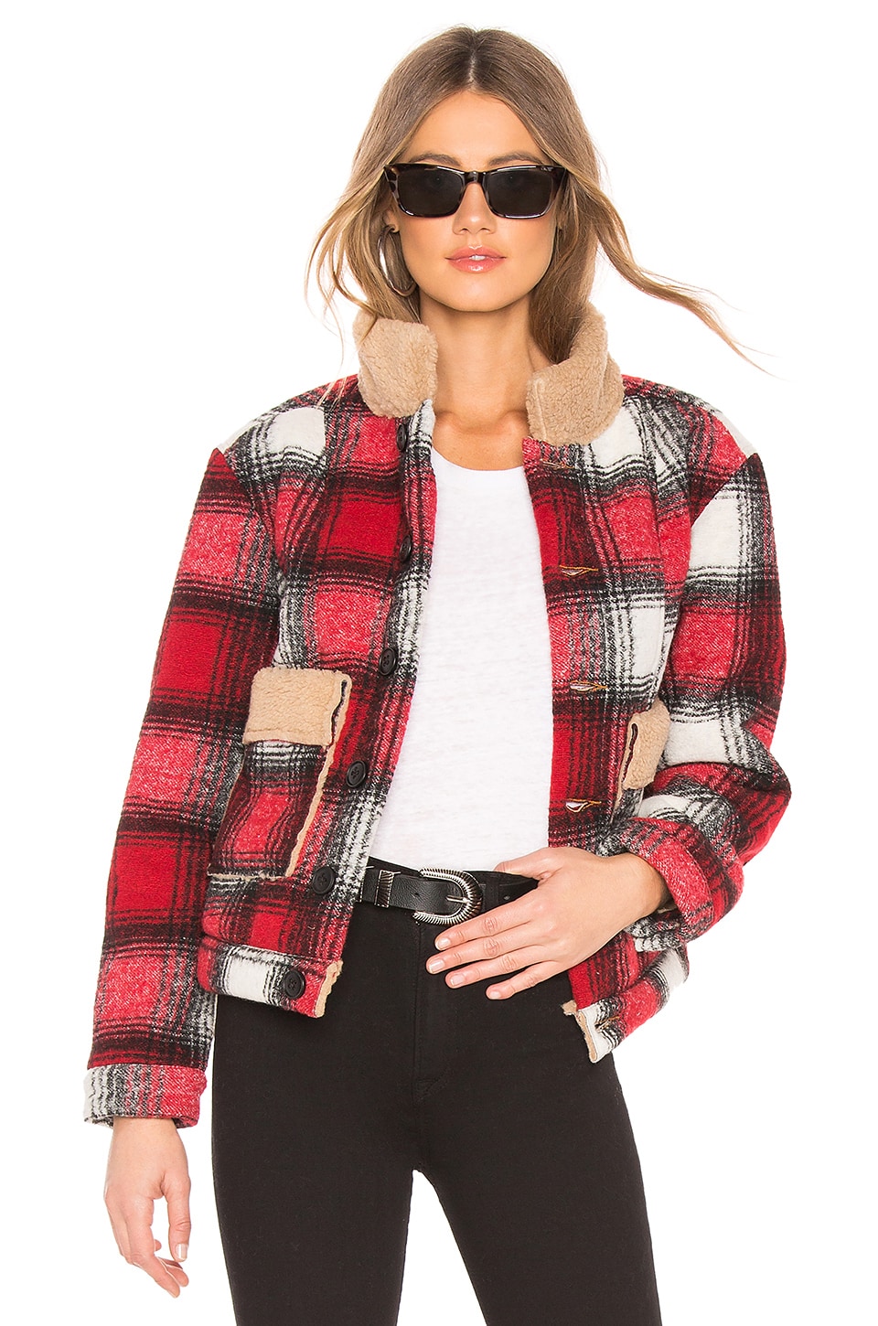 NSF Miranda Faux Fur Lined Jacket in Red & Black Plaid | REVOLVE