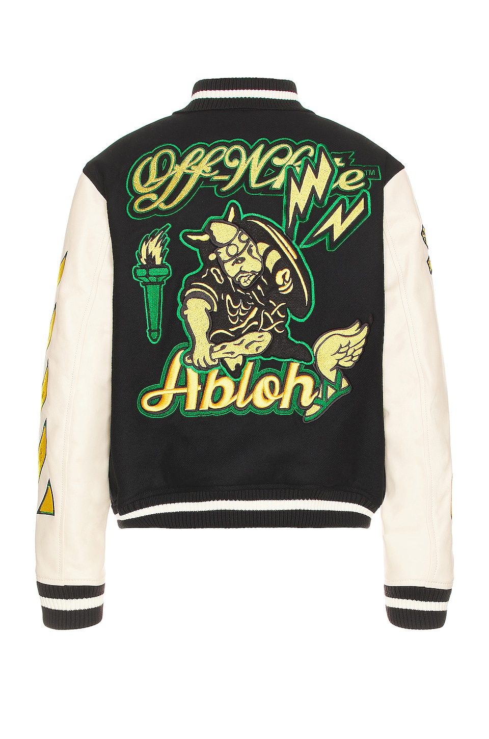 OFF-WHITE Graphics Leather Varsity Jacket in Black & Yellow
