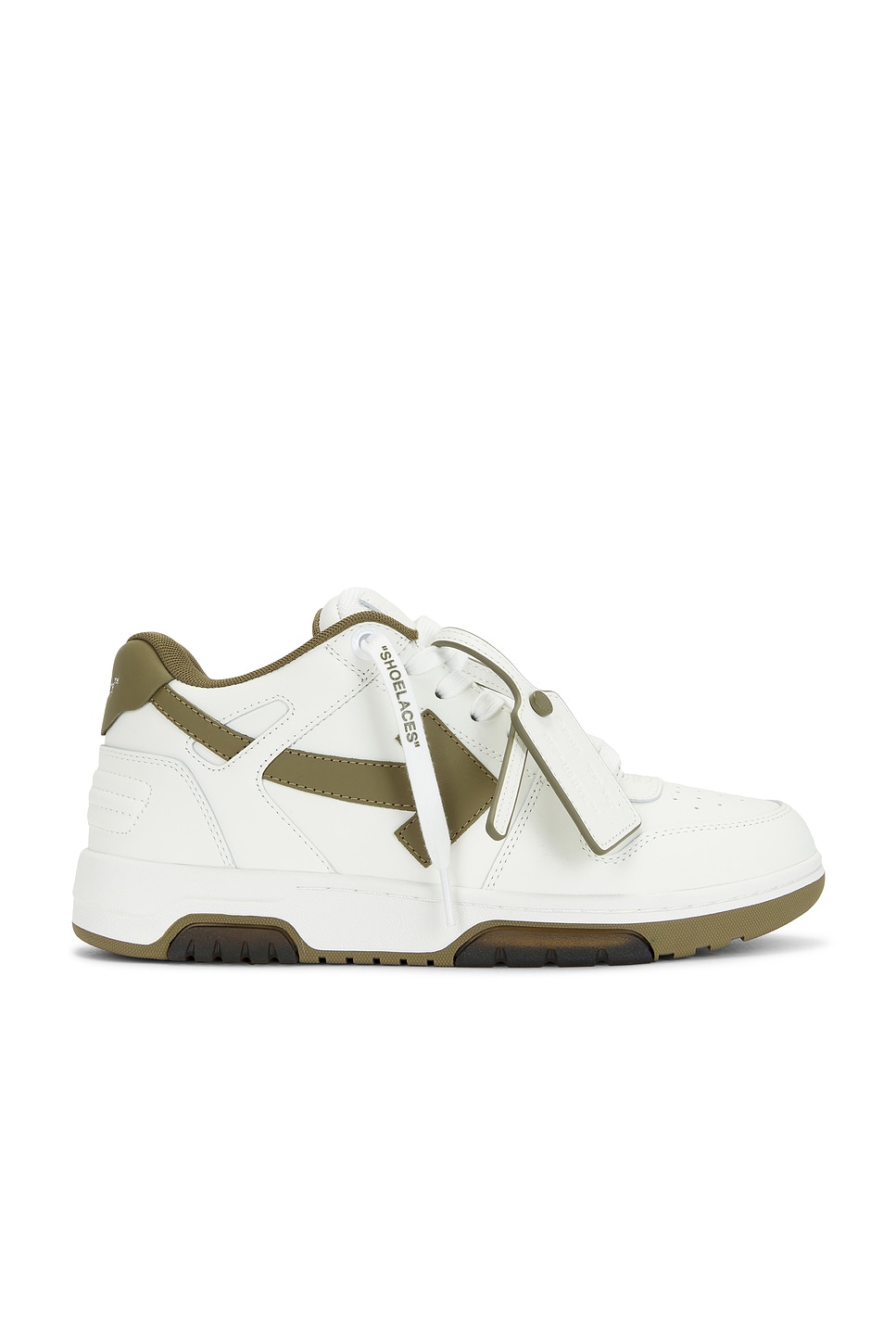 OFF-WHITE Out Of Office Calf Leather Sneaker in White & Kaki | REVOLVE