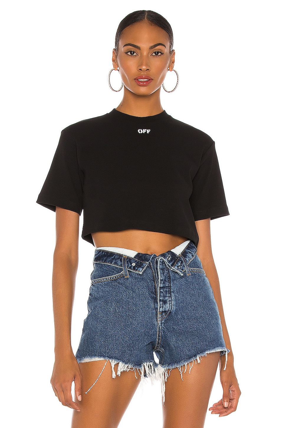 OFF-WHITE Rib Cropped Casual Tee in Black & White | REVOLVE