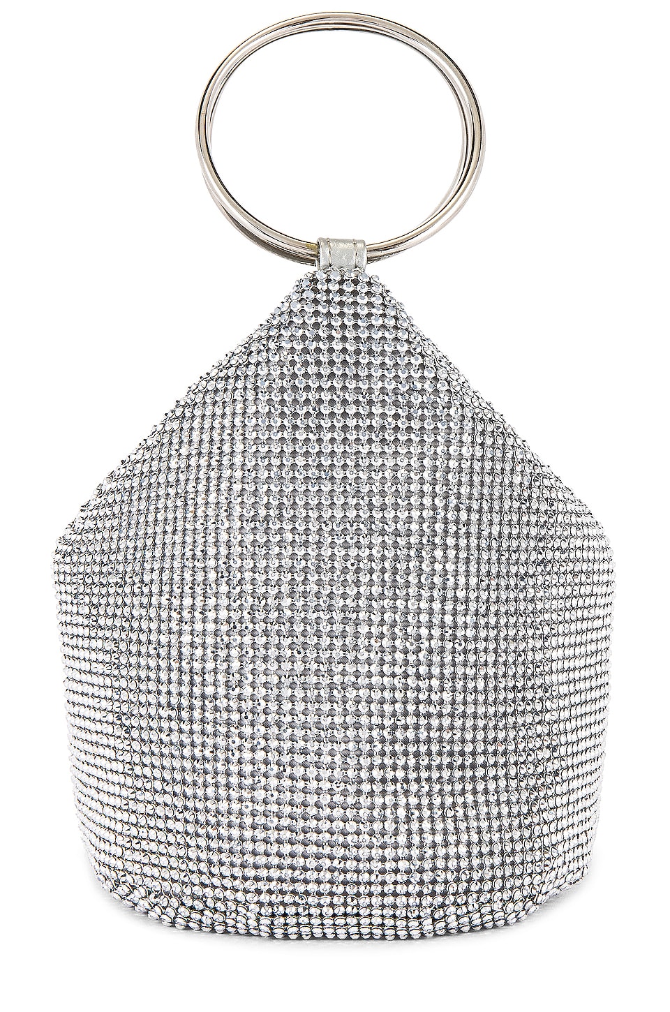 olga berg Ellie Crystal Mesh Ring Handle Bag in Silver | REVOLVE