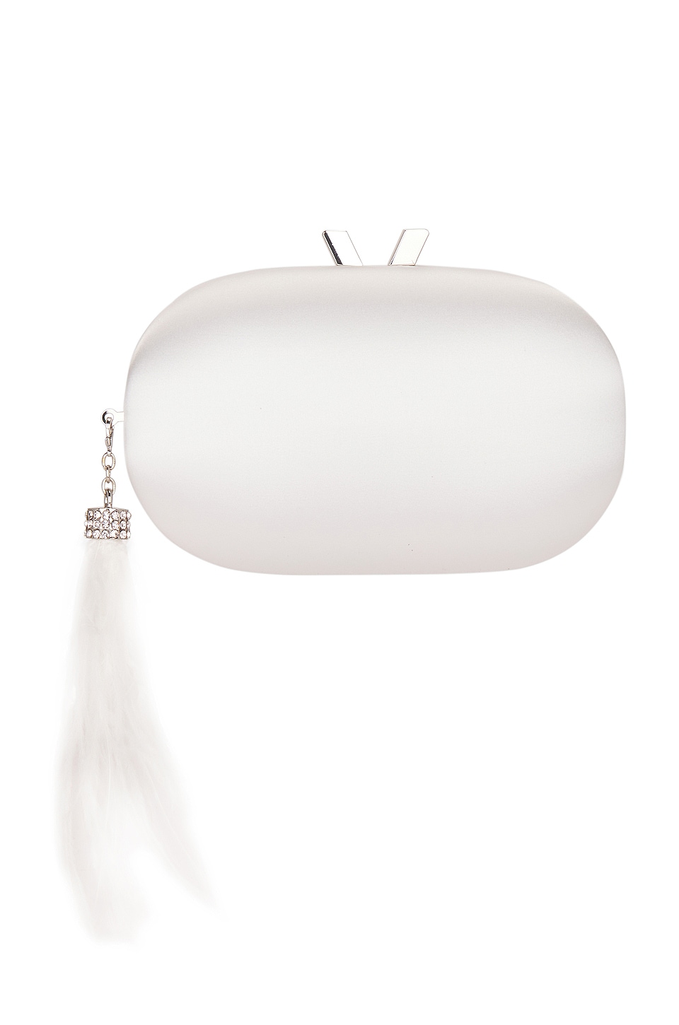olga berg Jenna Feather Tassel Clutch in White & Silver