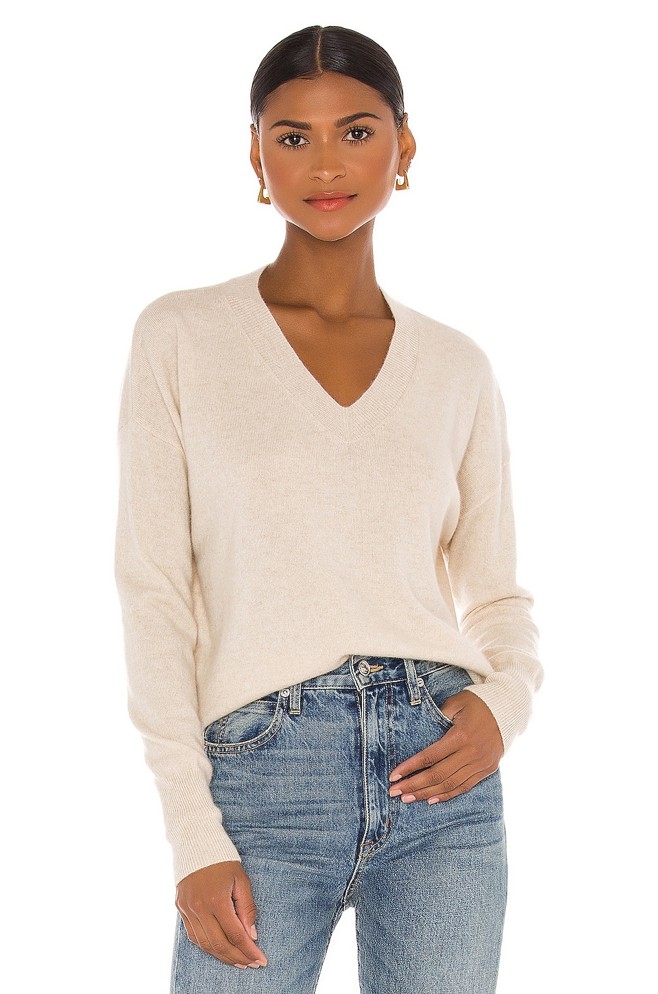 One Grey Day Spencer Cashmere V Neck Sweater in Oatmeal | REVOLVE