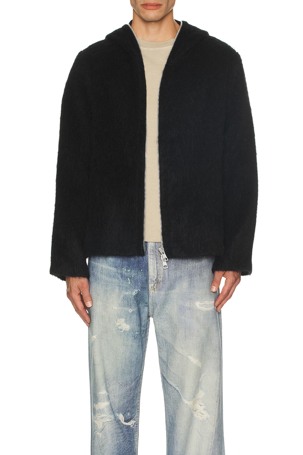 Our Legacy Full Zip Hood in Black Hairy Wool | REVOLVE