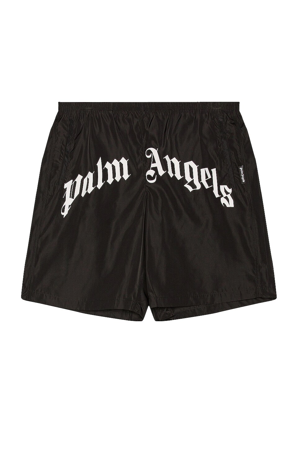 Palm Angels Curved Logo Swim Short in Black & White | REVOLVE