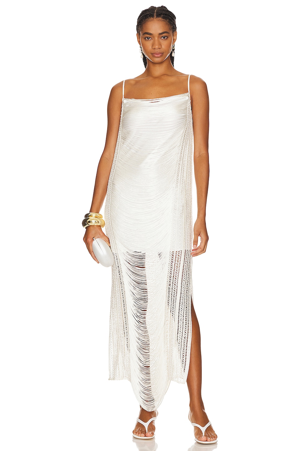 Patbo Draped Fringe Maxi Dress in White - Size L