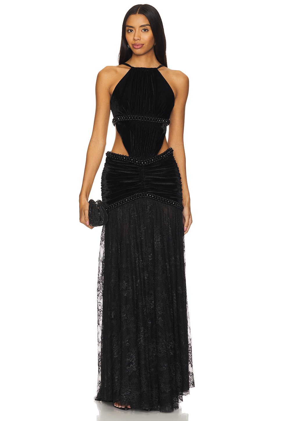 patbo lace and velvet midi dress PatBO Lace-Velvet Bustier Midi-Dress