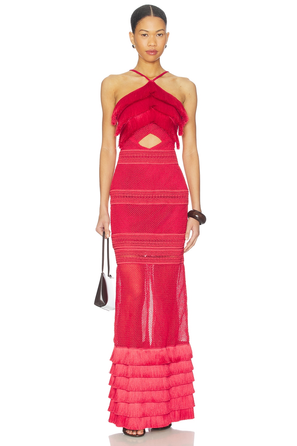 patbo red dress Radiant Fringe Halterneck Maxi Dress
