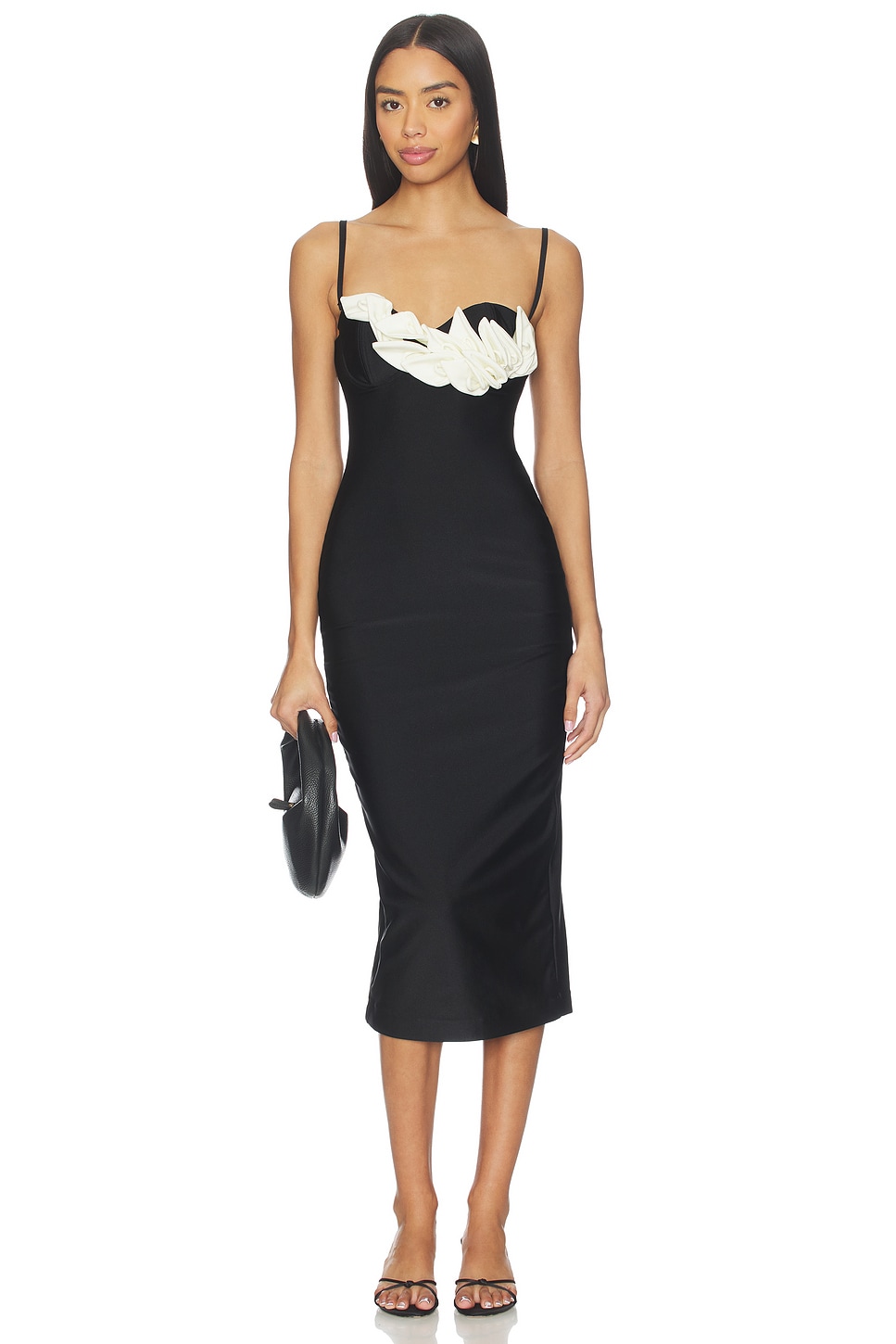 PatBO Selene Mesh Flower Applique Midi Dress in Black | REVOLVE