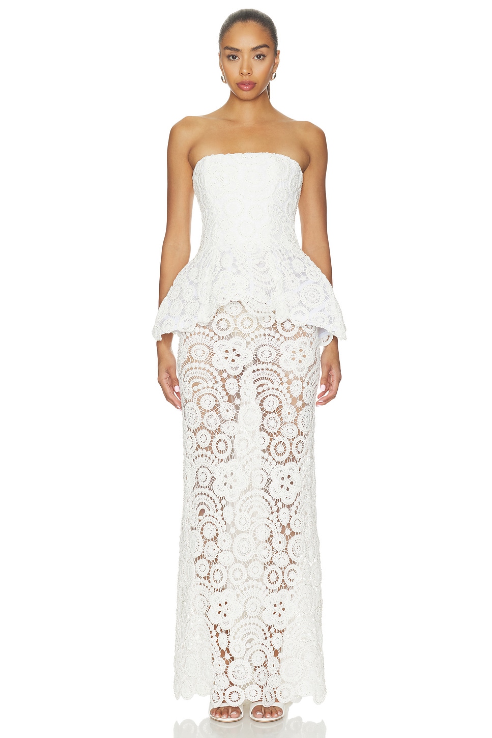 white peplum maxi dress PatBO Gal Embroidery Peplum Maxi Dress in White