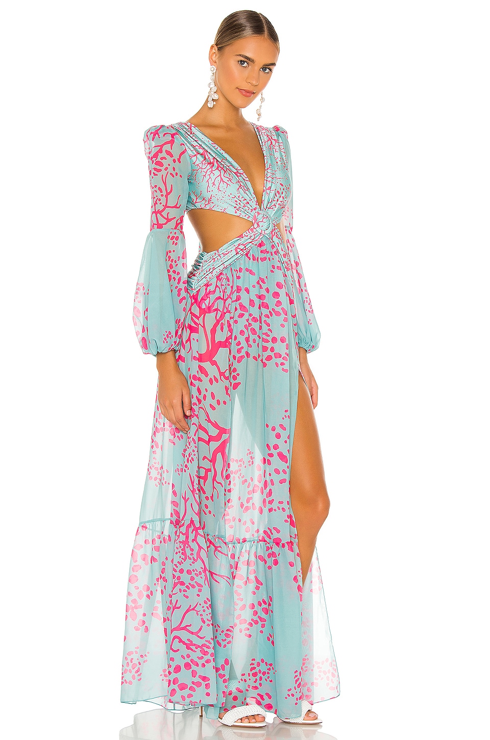 PatBO Coral Print Long Sleeve Beach Dress in Aqua | REVOLVE