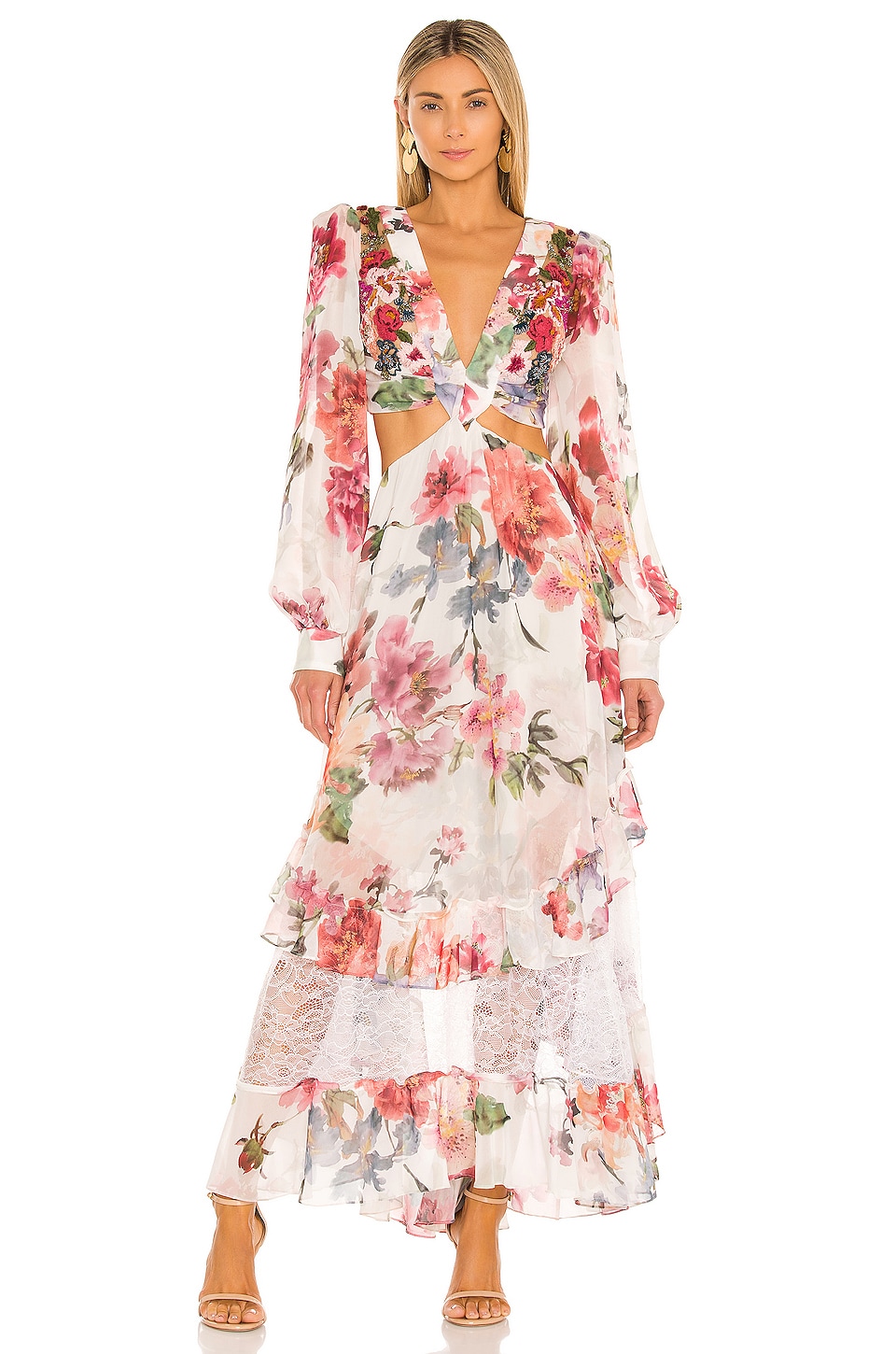 PatBO Floral Printed Beaded Cut Out Dress in Off White | REVOLVE