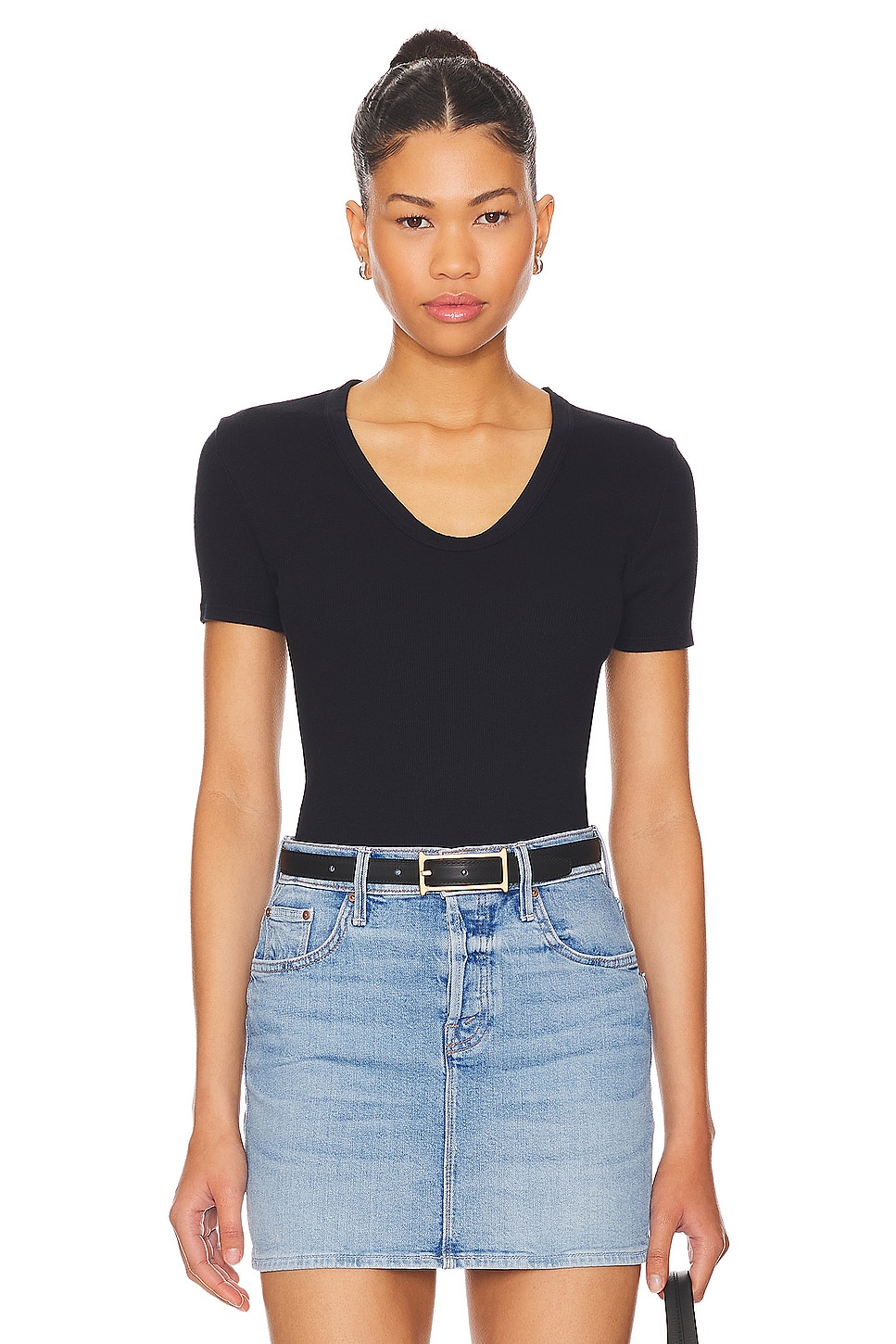 Perfectwhitetee Short Sleeve Rib U Neck In Black Revolve