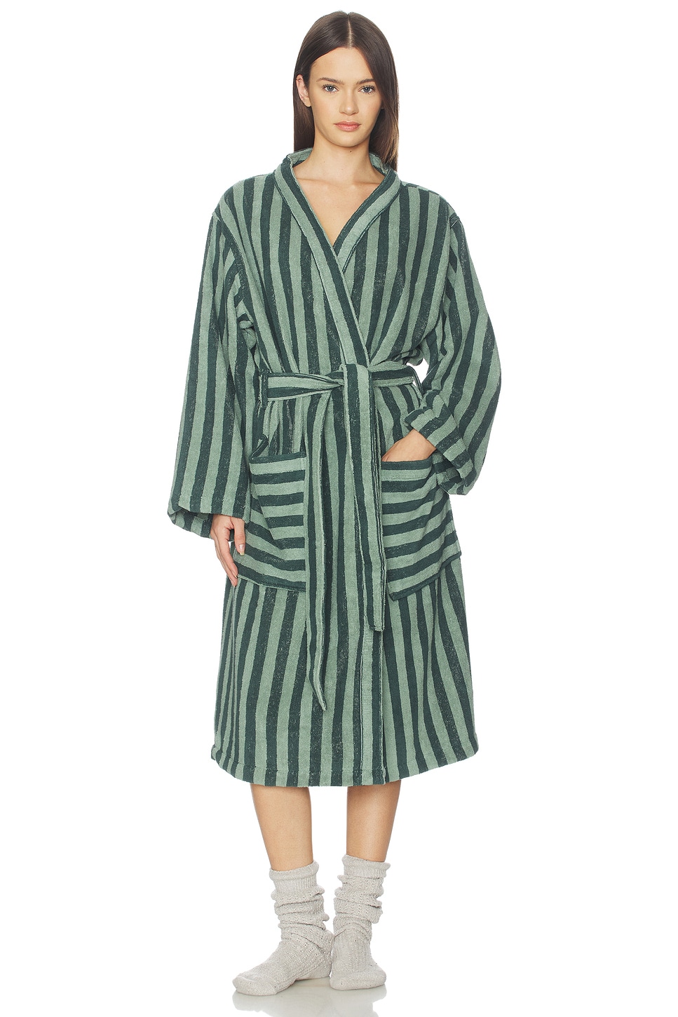 Bed 2 Robe Piglet in Bed Pembroke Stripe Cotton Robe in Pine Green | REVOLVE