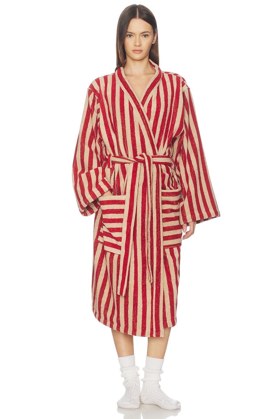 Bed 2 Robe Piglet in Bed Pembroke Stripe Cotton Robe in Sandstone Red | REVOLVE