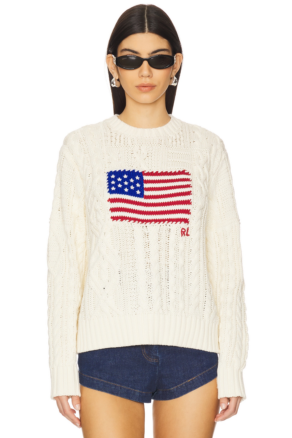 Polo Ralph Lauren Aran-knit Flag Cotton Sweater in Cream