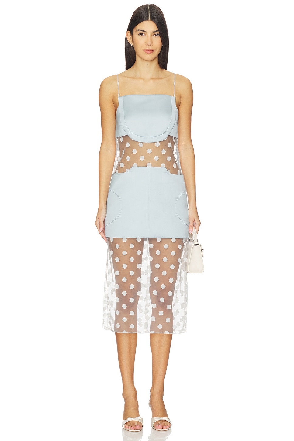 Sheer Panelled Slip Midi Dress in Ice Blue by Revolve