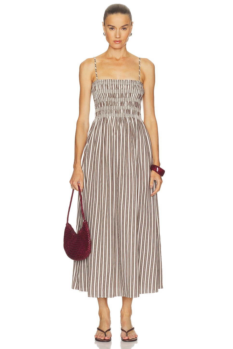 pistola bianca midi dress Pistola Bianca Shirred Bodice Dress Sage Egret Stripe / M
