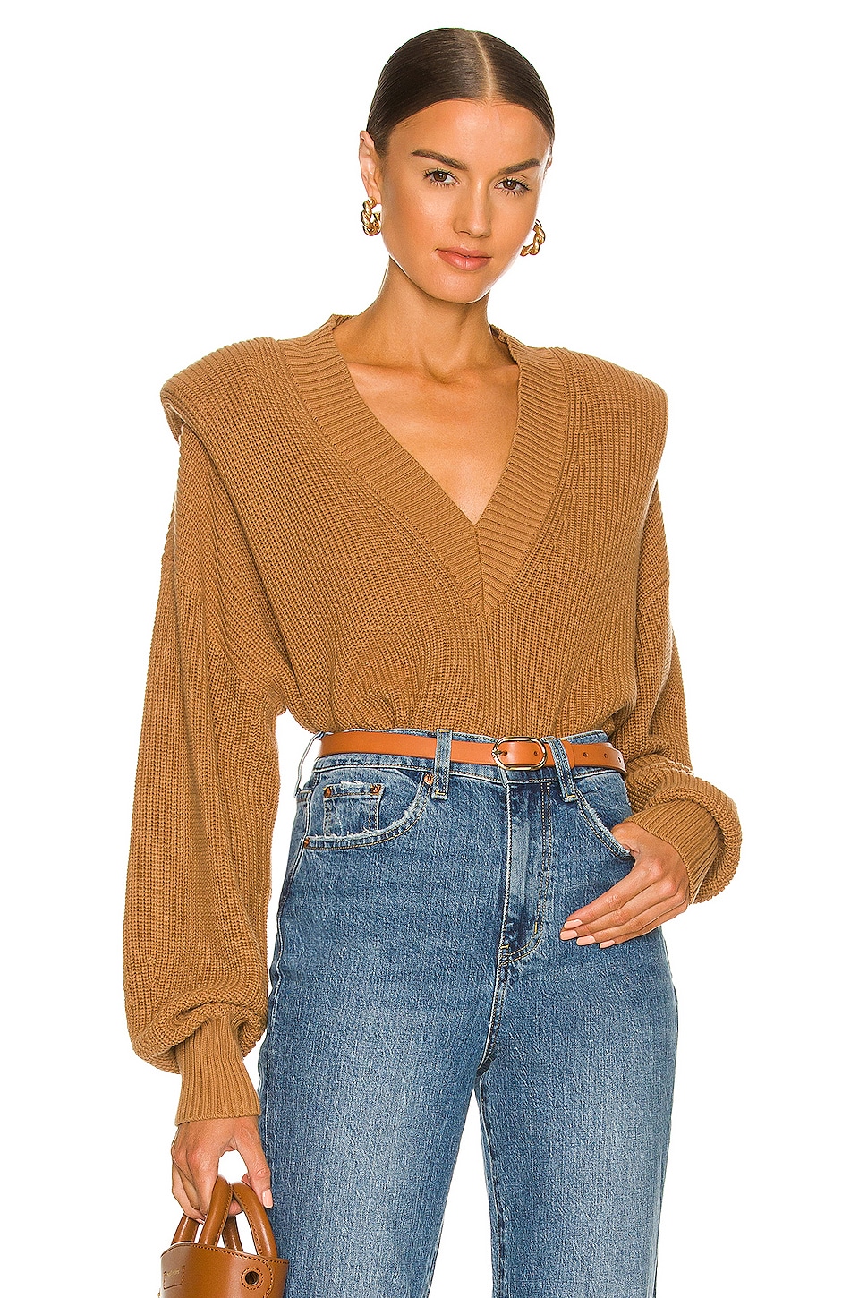 PISTOLA Camille VNeck Shoulder Pad Sweater in Nutmeg REVOLVE