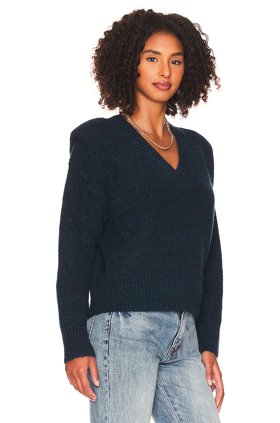 PISTOLA Camille V Neck Shoulder Pad Sweater in Marina