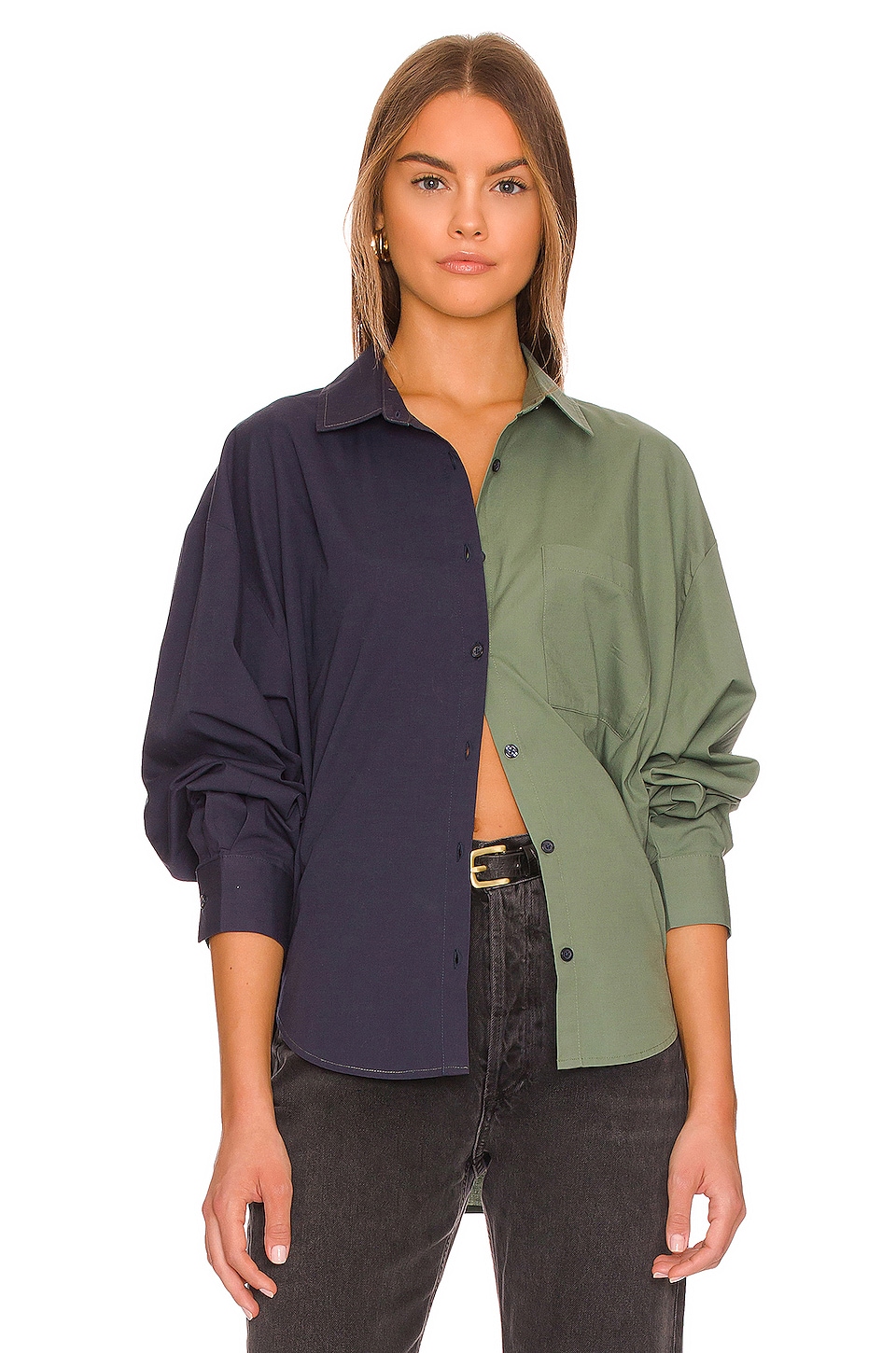 PISTOLA Sloane Oversized Button Down Shirt in Ivy Navy Split | REVOLVE