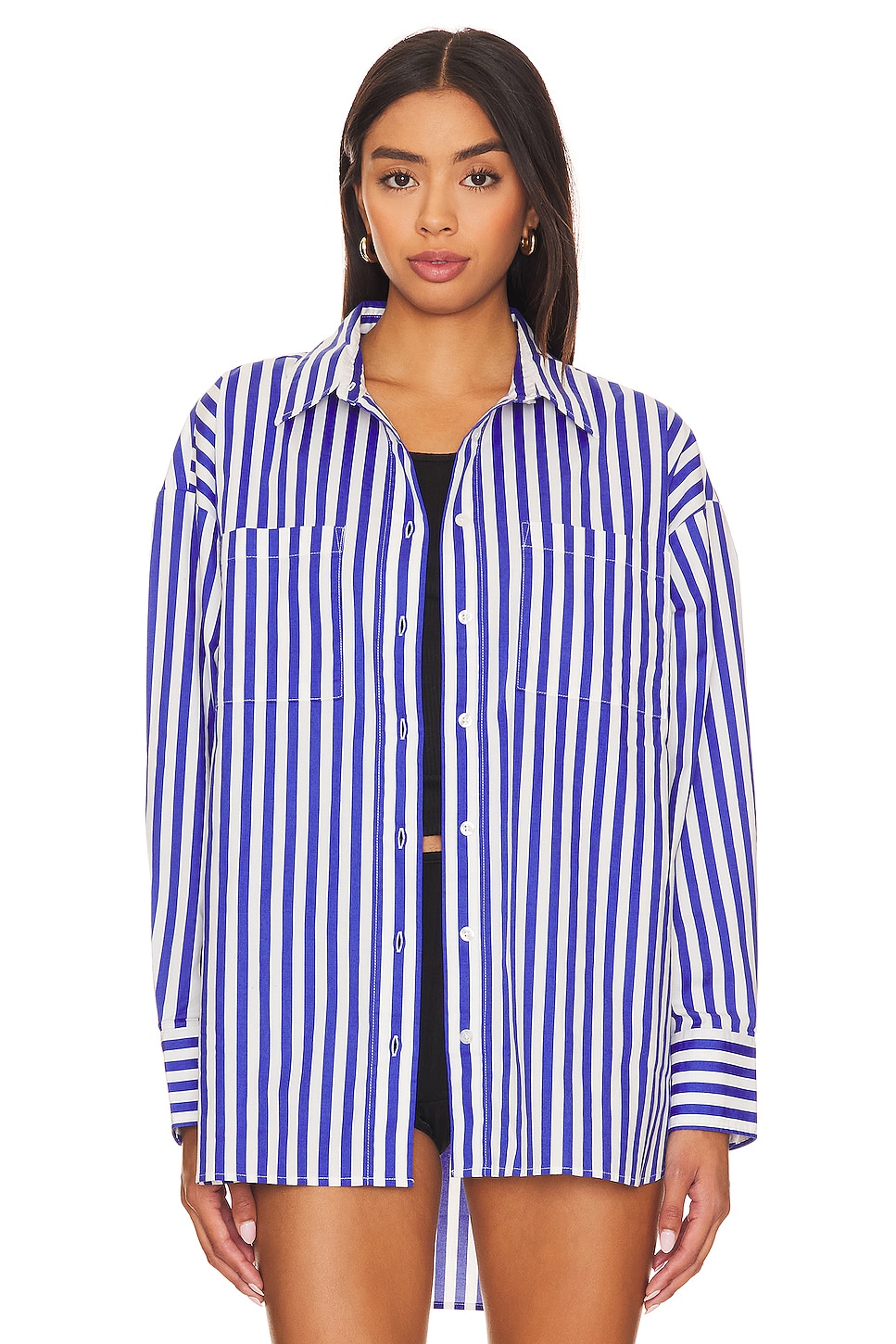 Image 1 of Rena Button Down Tunic Shirt in Cobalt Stripe