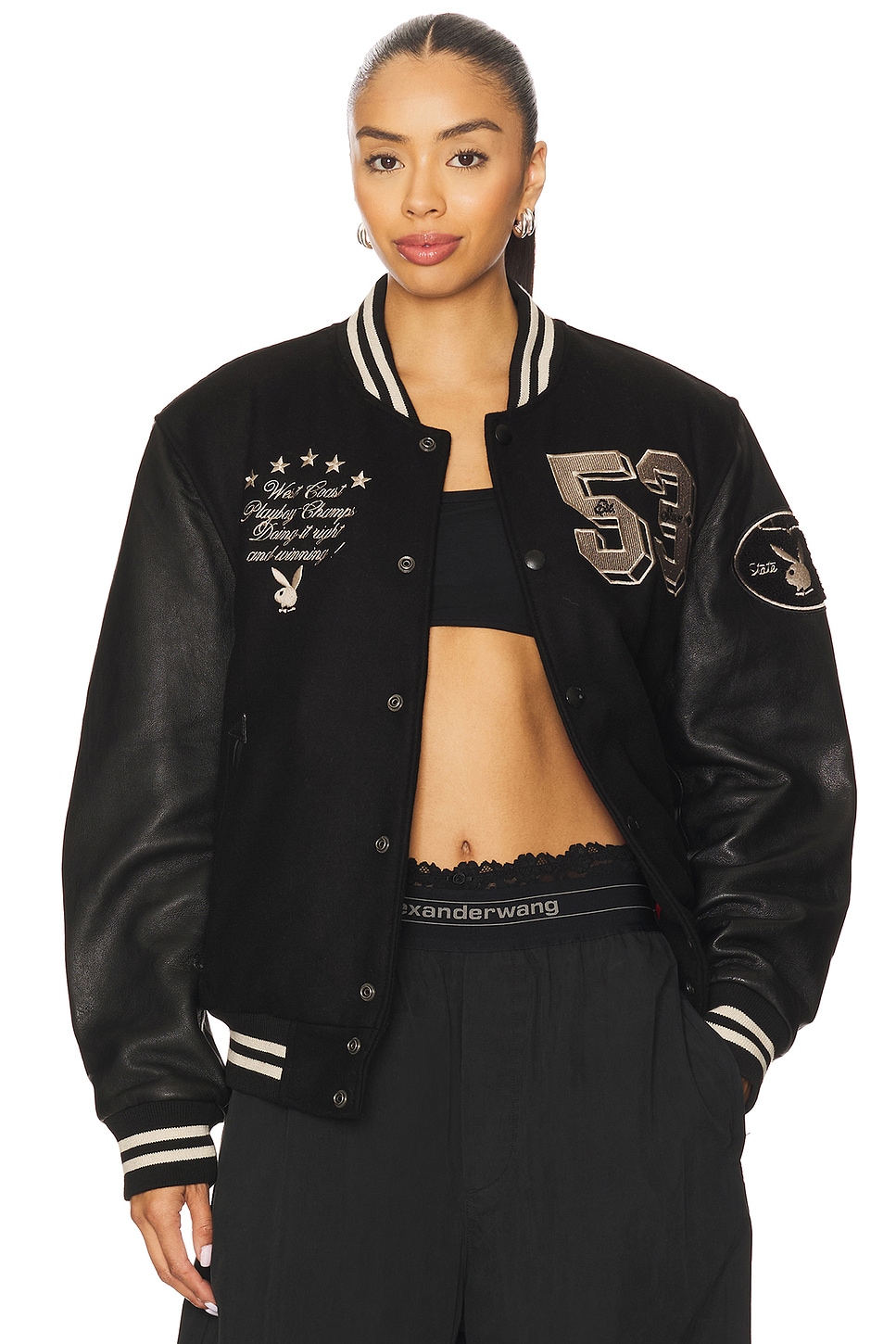 Playboy 53 Premium Varsity Jacket in Black | REVOLVE
