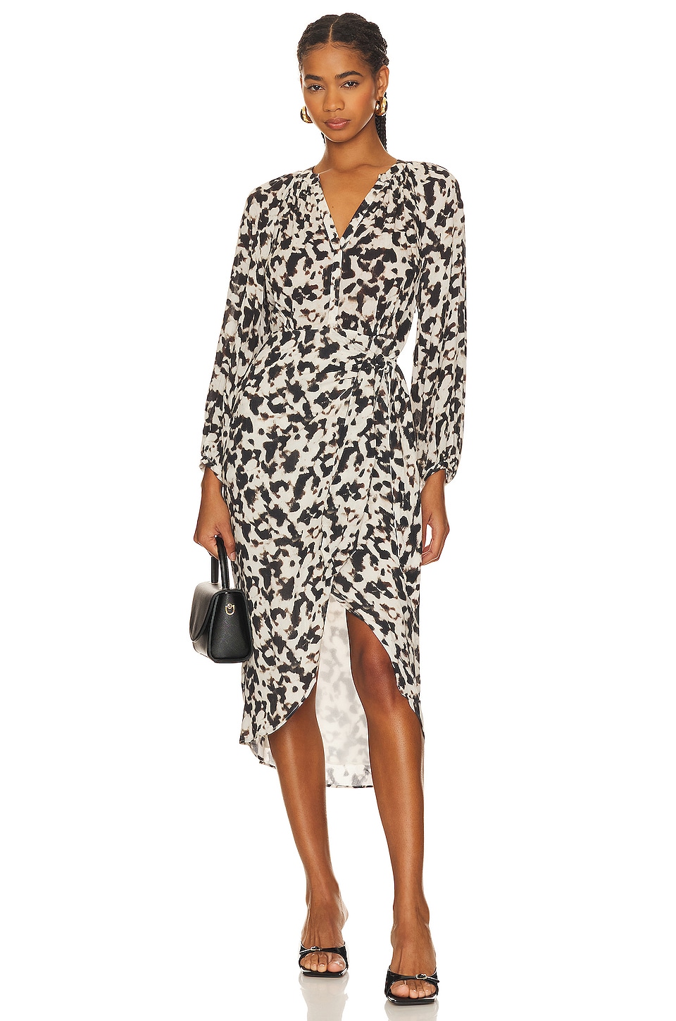 Snake Print Blouson Sleeve Wrap Midi Dress